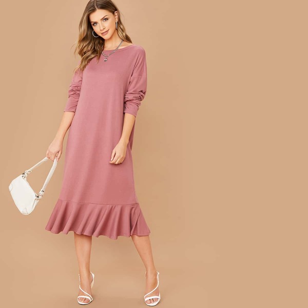 

Drop Shoulder Ruffle Hem Solid Dress, Dusty pink