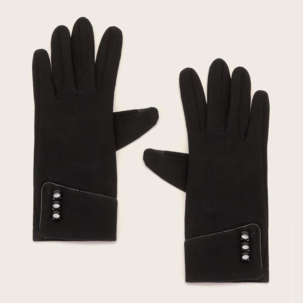 

1pair Button Decor Suede Gloves, Black