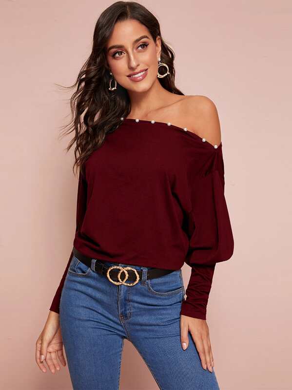 

Asymmetrical Neck Pearl Beaded Gigot Sleeve Top, Burgundy, Mary P.