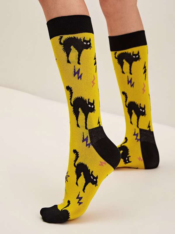

1pair Cat Pattern Socks, Multicolor