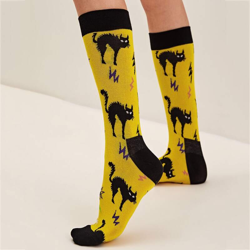 

1pair Cat Pattern Socks, Multicolor