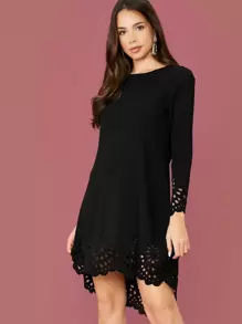 SHEIN Scallop Trim Laser Cut Solid Dress - Black - View 3