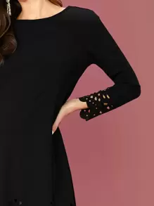SHEIN Scallop Trim Laser Cut Solid Dress - Black - View 4
