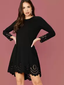 SHEIN Scallop Trim Laser Cut Solid Dress - Black - View 1