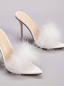 Plush Stiletto Heels - White - View 4