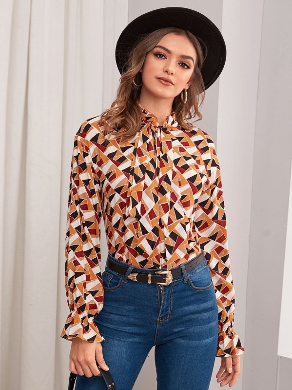 

Geo Print Frill Neck Flounce Sleeve Blouse, Multicolor, Luiza