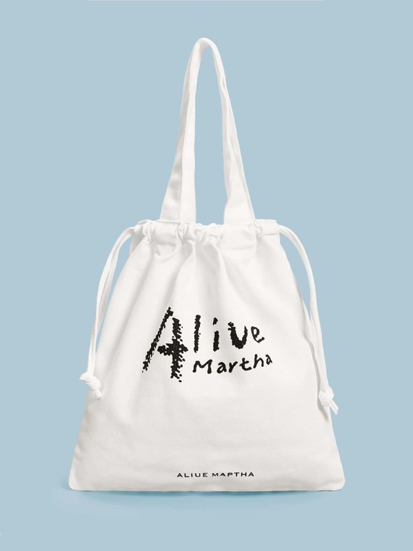 

Letter Graphic Drawstring Tote Bag, White