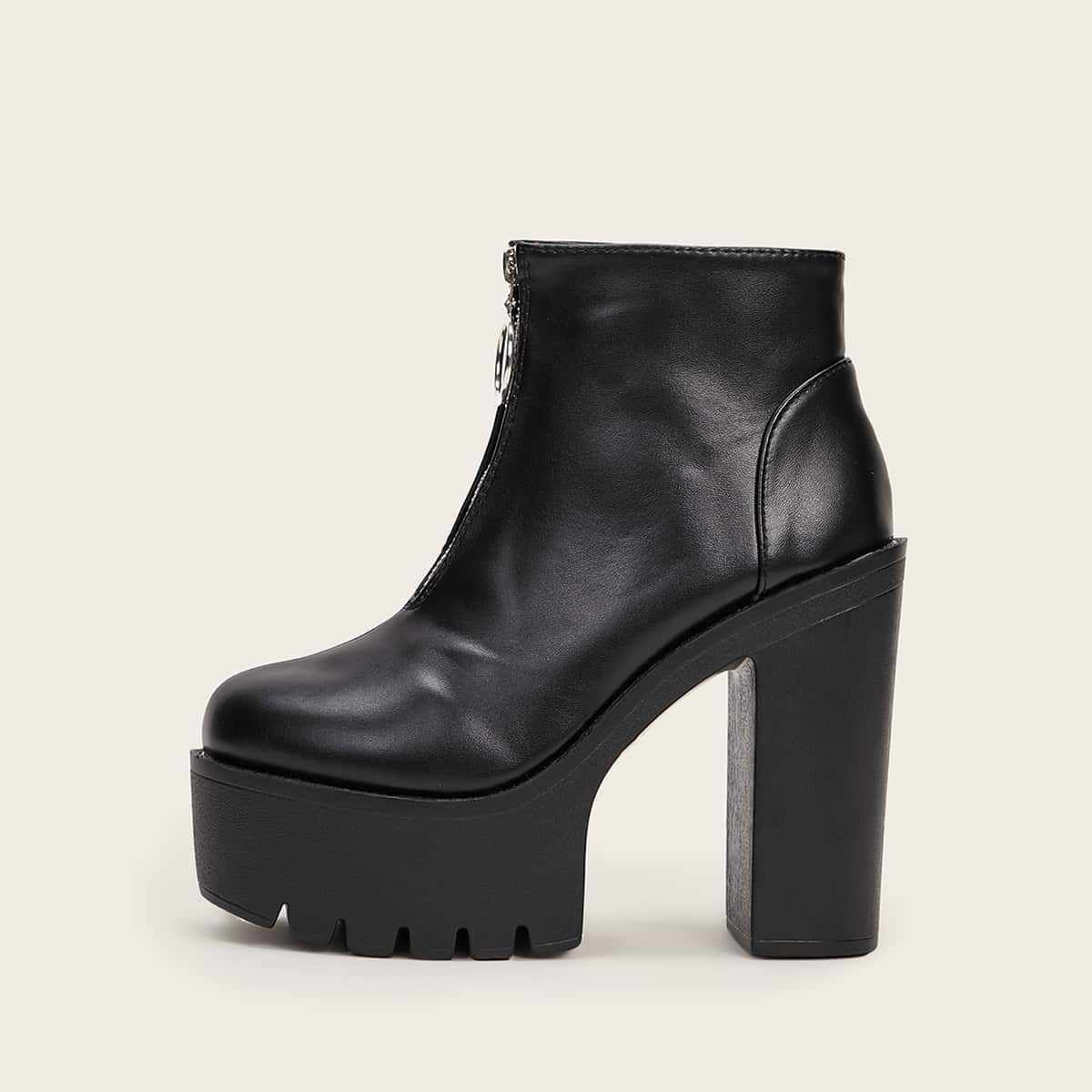 

Zip Front Platform Chunky Boots, Black