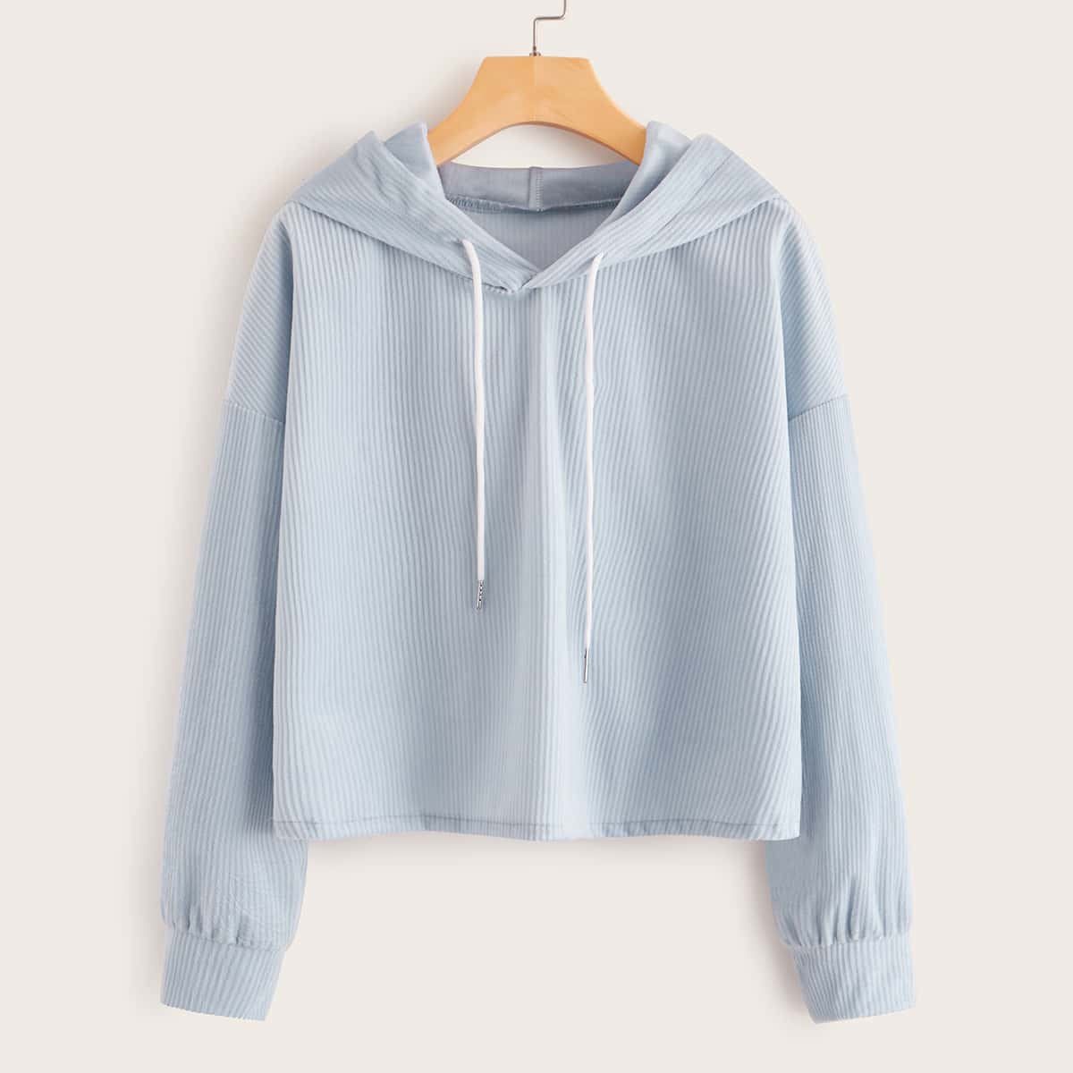 

Solid Drop Shoulder Velvet Hoodie, Blue pastel