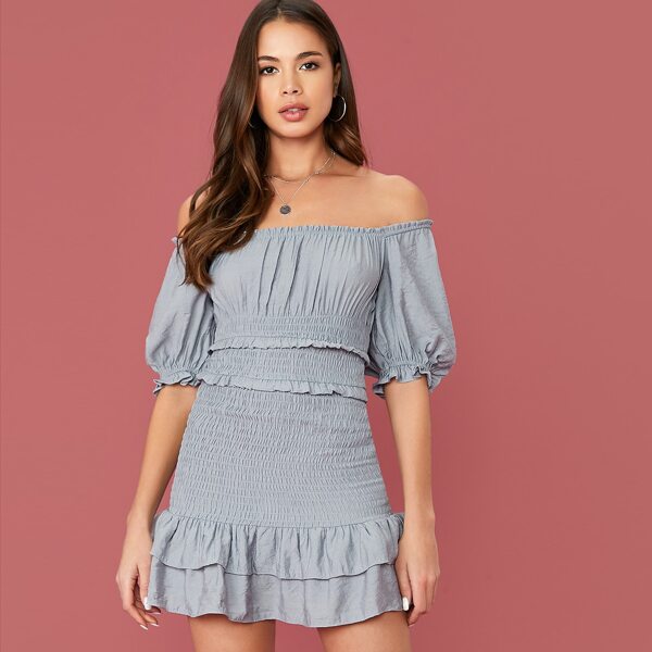 

Off Shoulder Square Neckline Smocked Mini Dress, Blue pastel