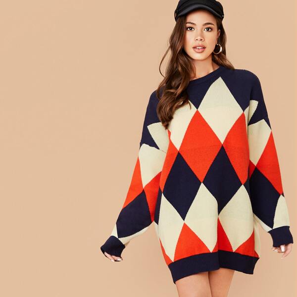 

Crew Neck Diamond Knit Oversized Pullover Sweater Dress, Multicolor