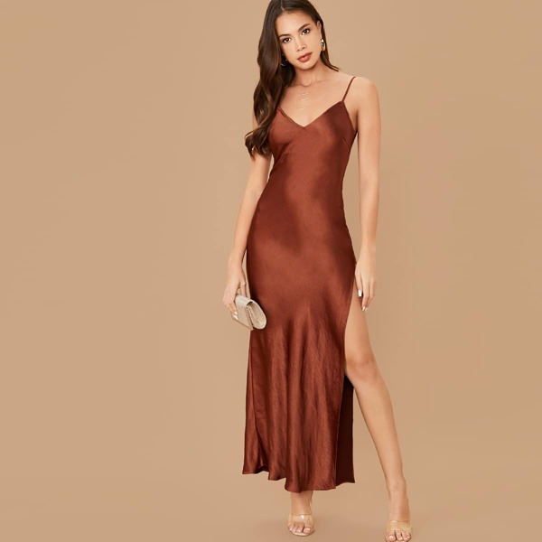 

V-Neck Side Slit Satin Maxi Slip Dress, Red
