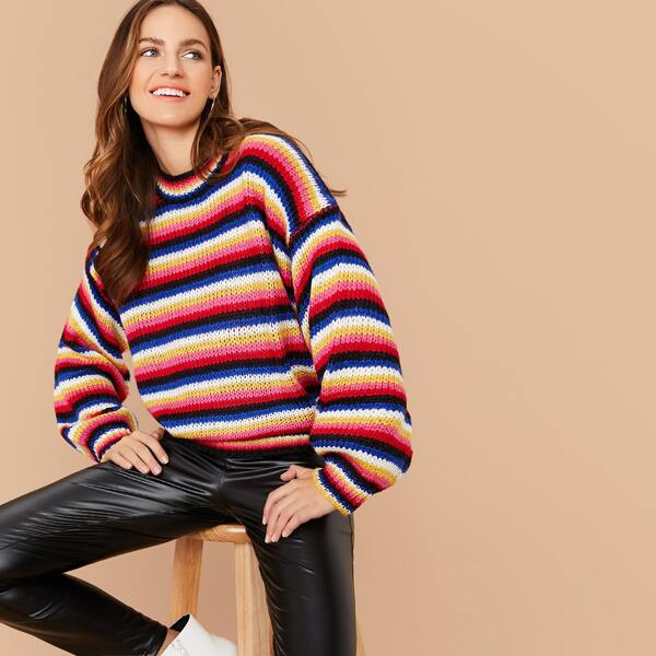 

Crew Neck Rainbow Stripe Knit Pullover Sweater, Multicolor