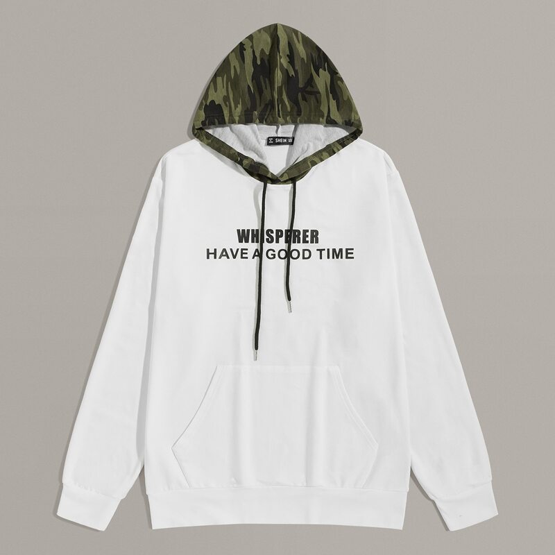

Guys Slogan Graphic Patch Pocket Drawstring Camo Hoodie, White