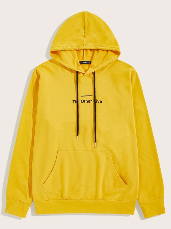 

Men Slogan Graphic Pouch Pocket Hoodie, Yellow