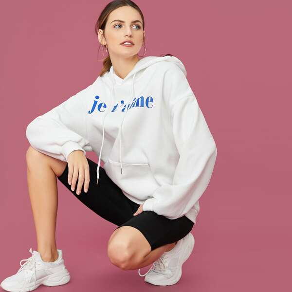 

Je Taime Graphic Hooded Pullover Sweatshirt, White
