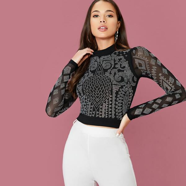 

Mock Neck Rhinestone Long Sleeve Crop Top