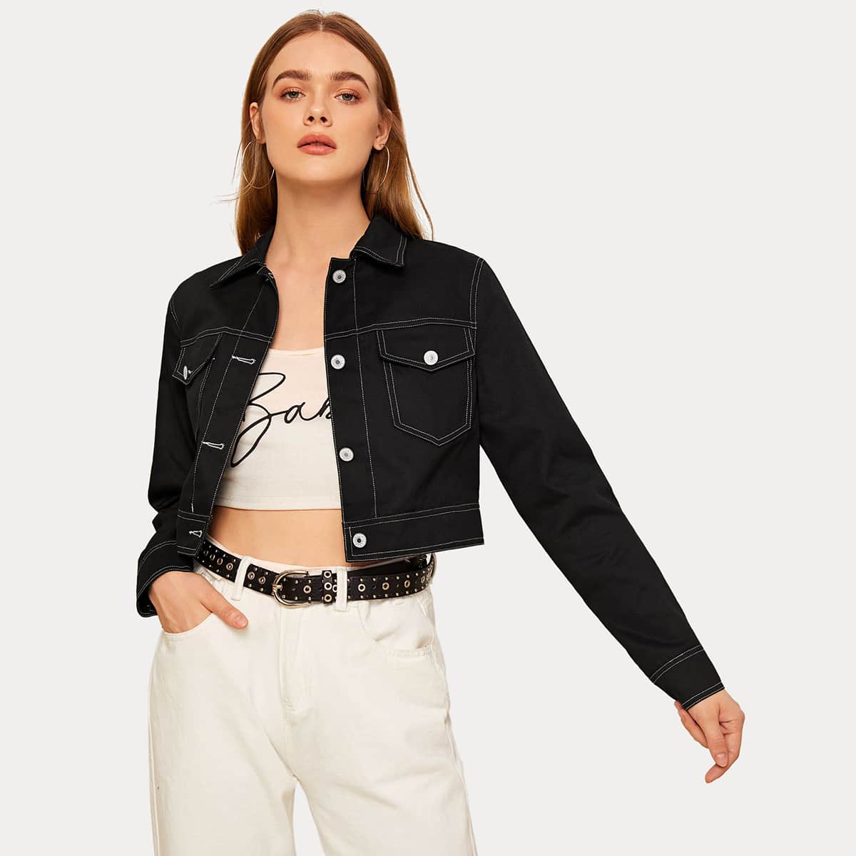 

Topstitching Button Up Trucker Jacket, Black