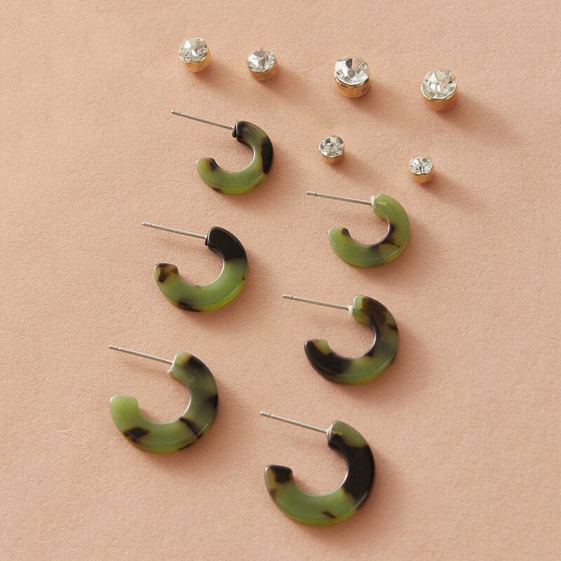 

6Pairs Rhinestone & Tortoiseshell Pattern Stud Earrings, Multicolor