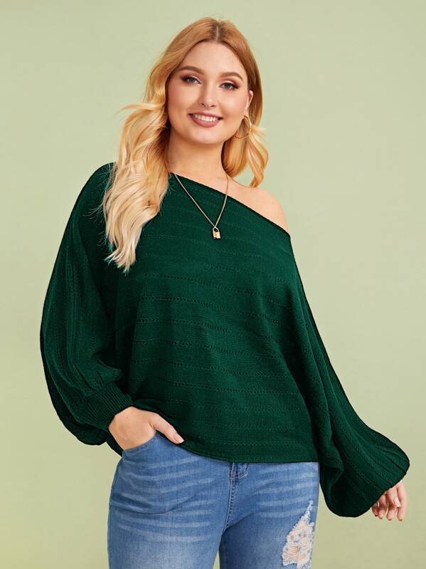 

Plus Solid Batwing Sleeve Sweater, Green, Nora