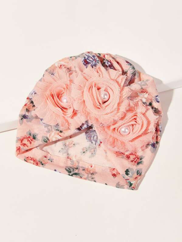 

Baby Faux Pearl Decor Ditsy Floral Pattern Turban Hat, Pink
