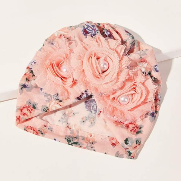 

Baby Faux Pearl Decor Ditsy Floral Pattern Turban Hat, Pink