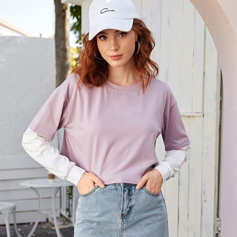 

2 In 1 Colorblock Long Sleeve Tee, Purple pastel