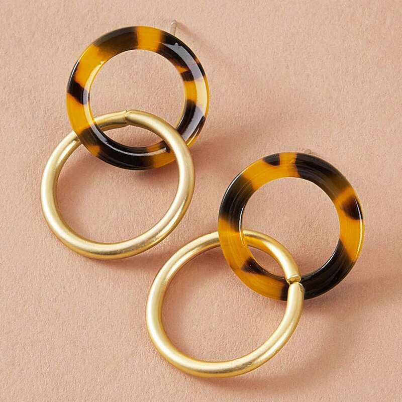 

1pair Tortoiseshell Pattern Link Drop Earrings, Multicolor