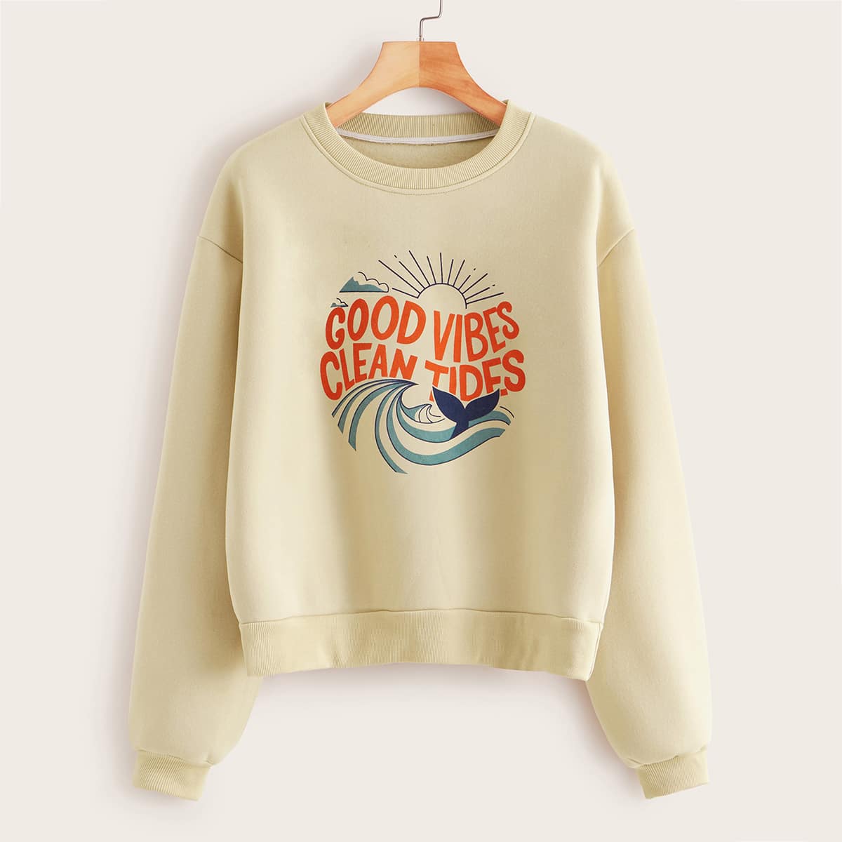 

Letter And Graphic Print Drop Shoulder Sweatshirt, Beige