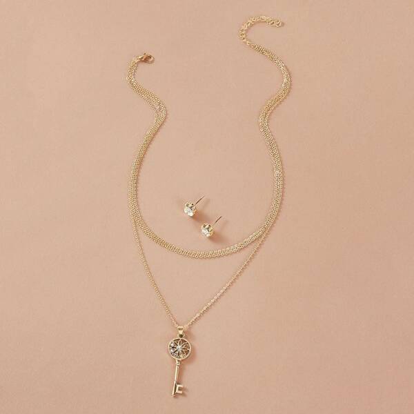 

1pc Key Charm Necklace & 1pair Rhinestone Engraved Earrings