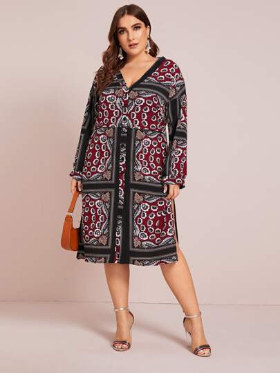 Plus V-neck Tribal Print A-line Dress