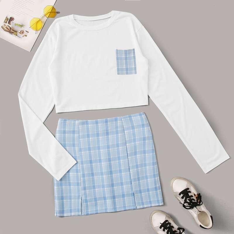 

Pocket Front Tee & Split Plaid Skirt Set, Multicolor