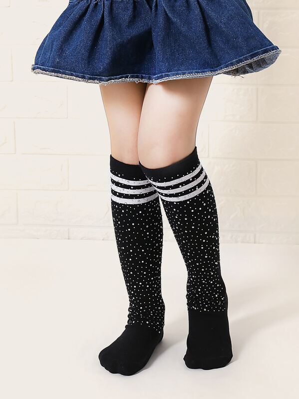 

1pair Girls Rhinestone Decor High Tube Socks, Black