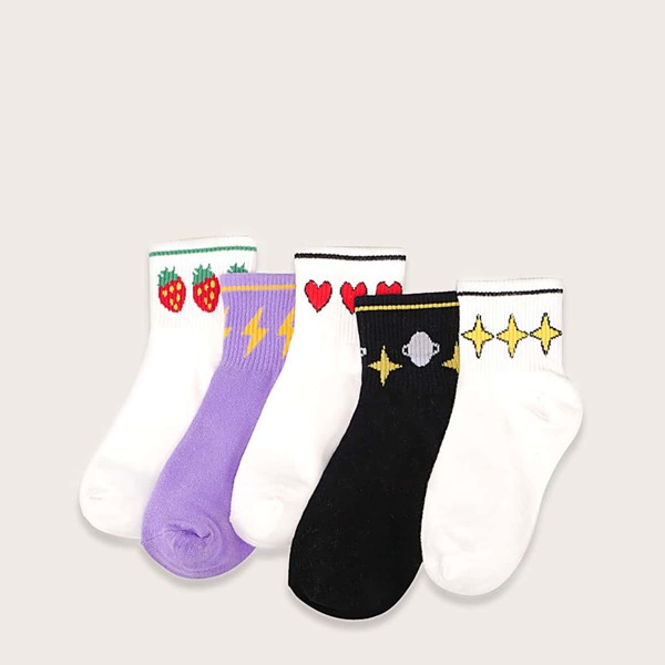 

5pairs Girls Strawberry & Heart Pattern Ankle Socks, Multicolor