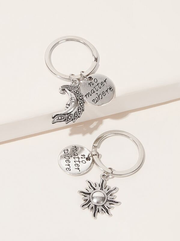 

2pcs Moon & Sun Charm Keychain, Silver
