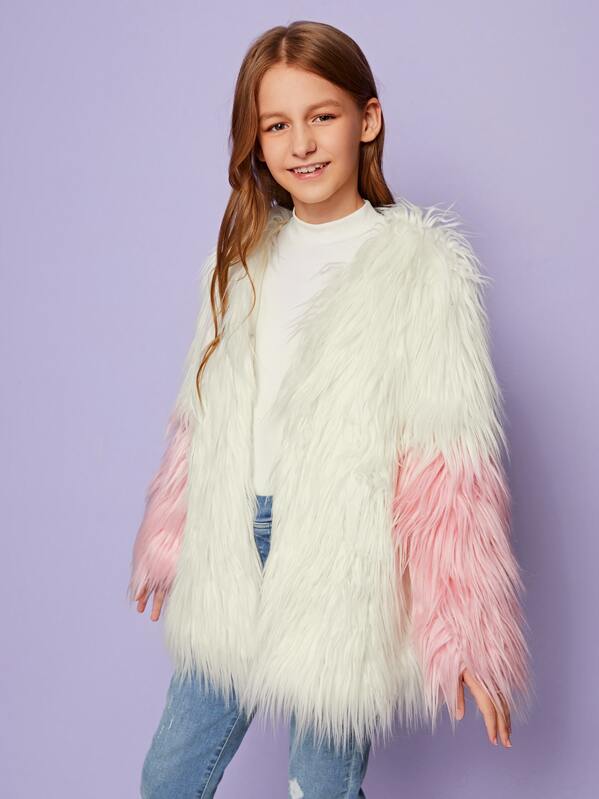 

Girls Two Tone Faux Fur Coat, Beige, Sashab