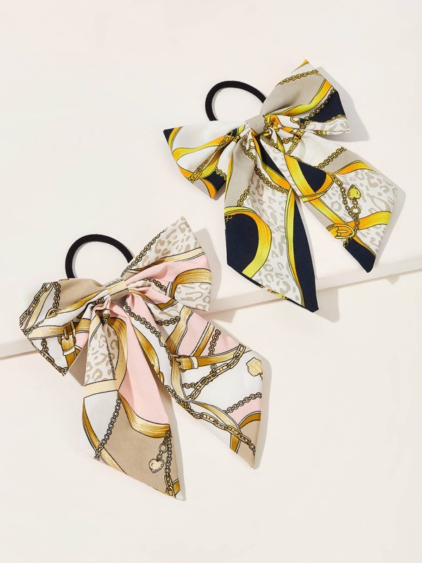 

2pcs Chain Pattern Bow Knot Decor Hair Tie, Multicolor