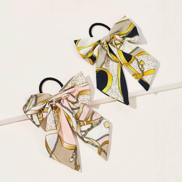 

2pcs Chain Pattern Bow Knot Decor Hair Tie, Multicolor