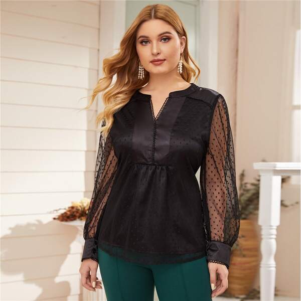 

Plus Notch Neck Contrast Dobby Mesh Blouse, Black
