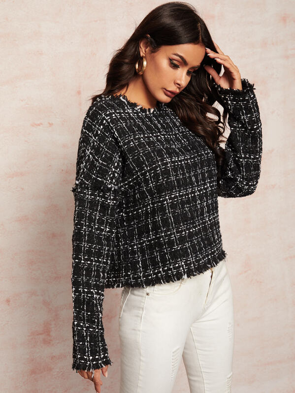 

Plaid Frayed Edge Tweed Blouse, Black, Andy