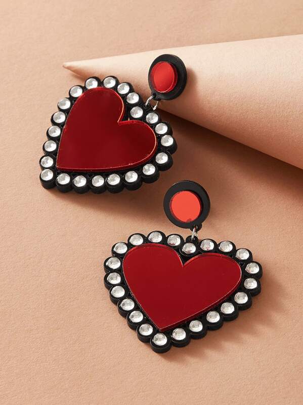 

1pair Rhinestone Engraved Heart Shaped Earrings, Red