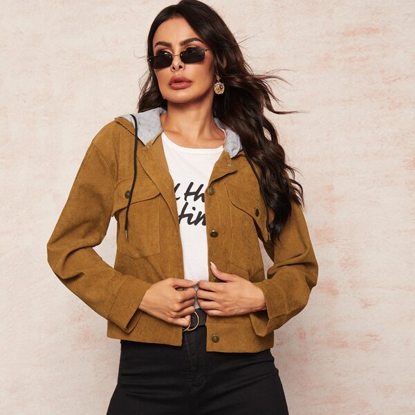 

Button Through Hooded Corduroy Jacket, Camel