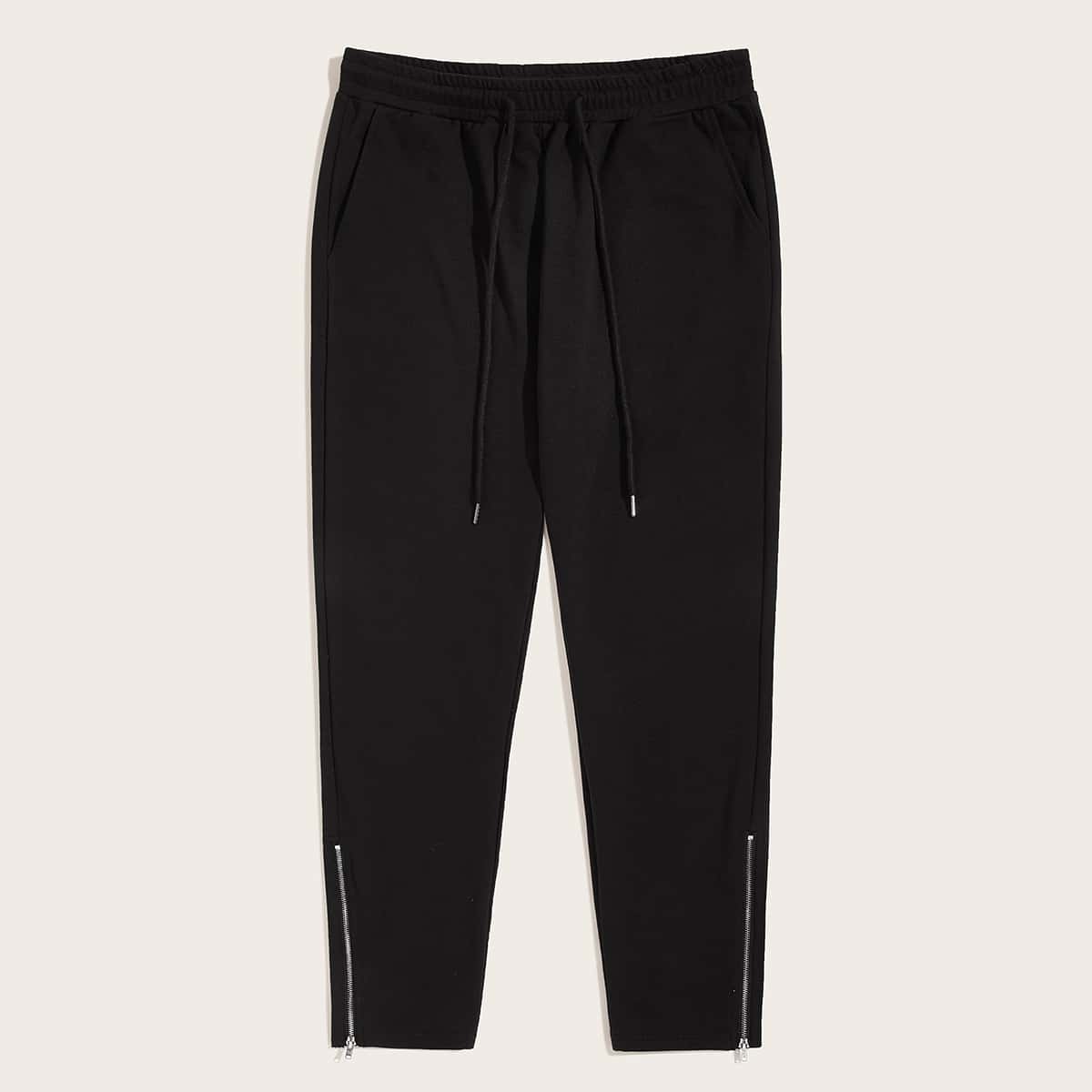 

Guys Drawstring Waist Zipper Hem Pants, Black