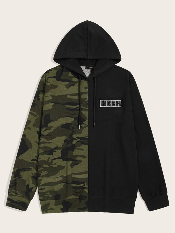 

Men Patched Detail Camo Spliced Drawstring Hoodie, Multicolor