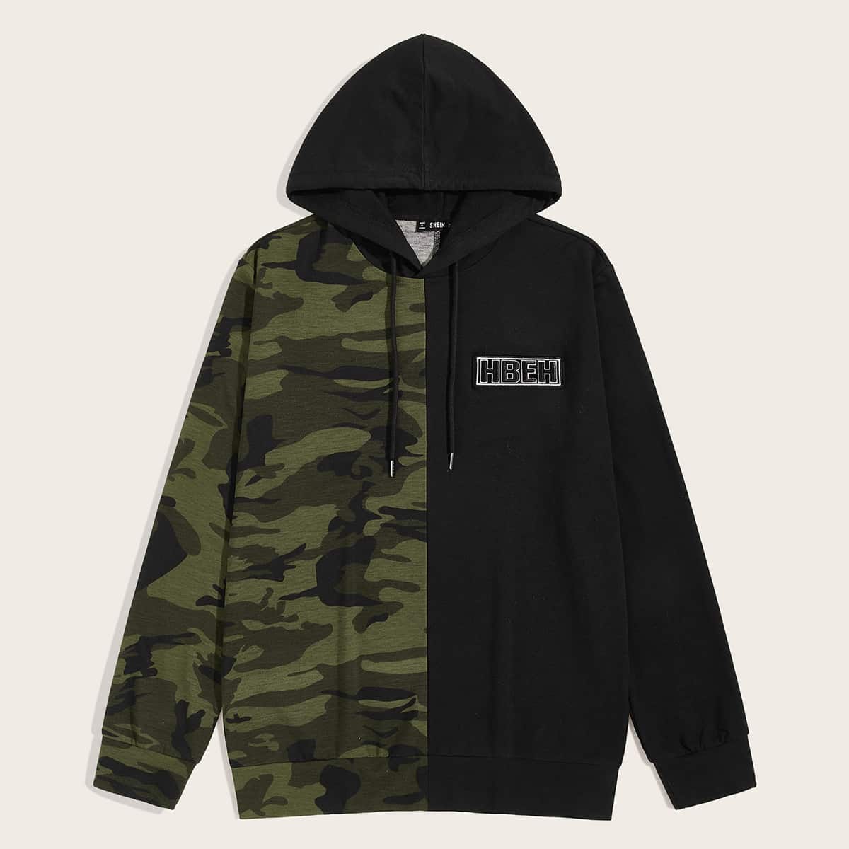 

Guys Patched Detail Camo Spliced Drawstring Hoodie, Multicolor
