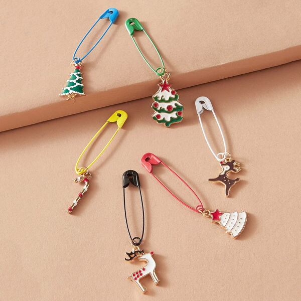 

6pcs Christmas Tree & Deer Safety Pin Brooch Set, Multicolor