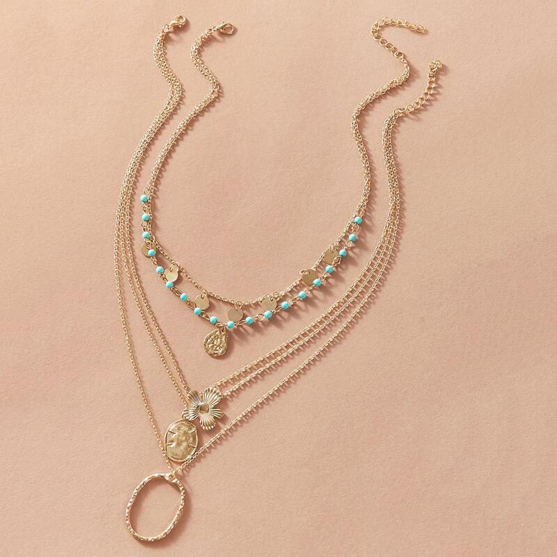 

2pcs Flower & Circle Charm Layered Necklaces, Gold