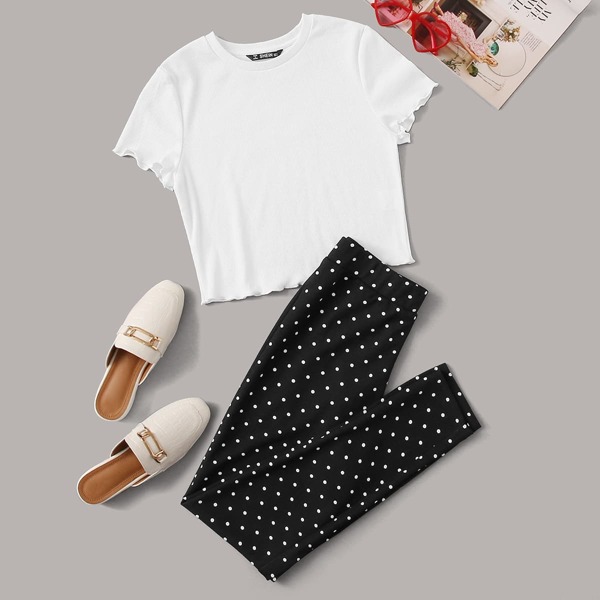 

Lettuce Trim Rib-knit Tee & Polka Dot Pants Set, Black and white