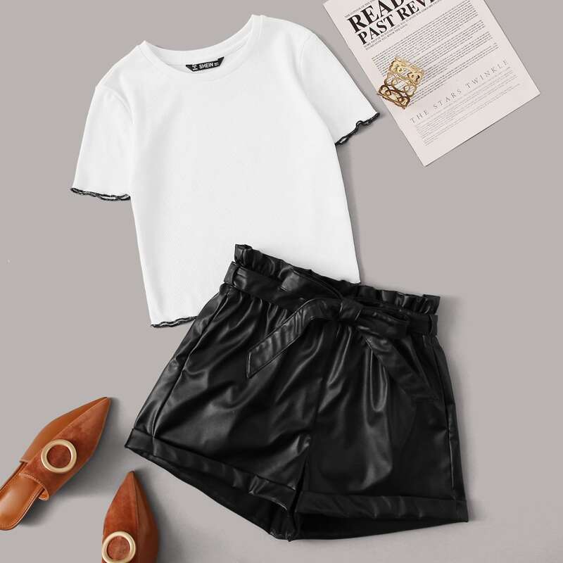 

Contrast Stitch Tee & Paperbag Waist Belted PU Shorts Set, Black and white