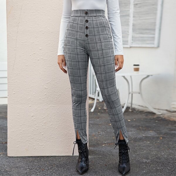 

Houndstooth Pattern Split Hem Skinny Pants, Black and white